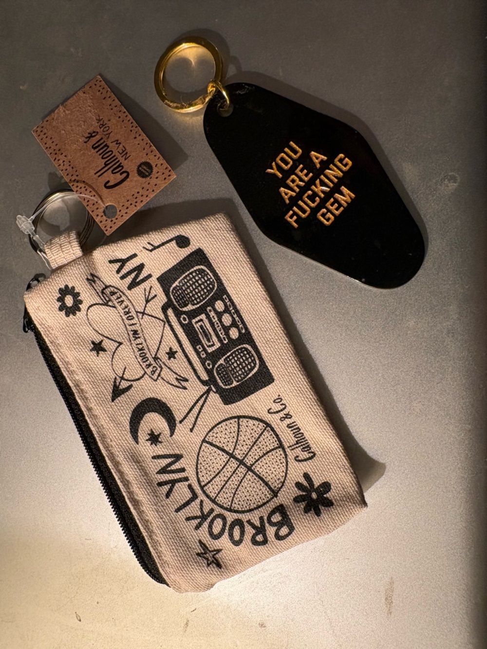 Calhoun Canvas Brooklyn Zip Pouch with Motivational Keychain - Black & Beige